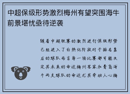 中超保级形势激烈梅州有望突围海牛前景堪忧亟待逆袭 中超保级形势激烈梅州有望突围海牛前景堪忧亟待逆袭